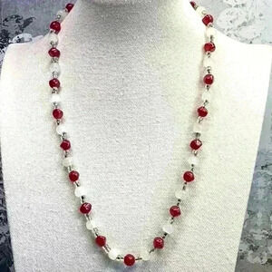 Vintage White and Red Glass Beaded Necklace